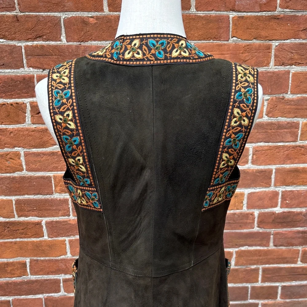Vintage Black Leather Vest with Embroidered Trim - Picture 4 of 13